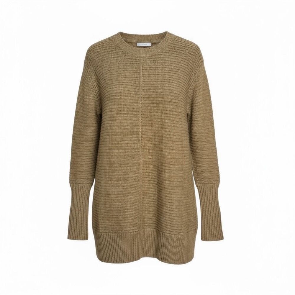 Nine‎ West Ribbed Knit Crew Neck Long Sleeve Pullover Tunic Sweater Beige Medium